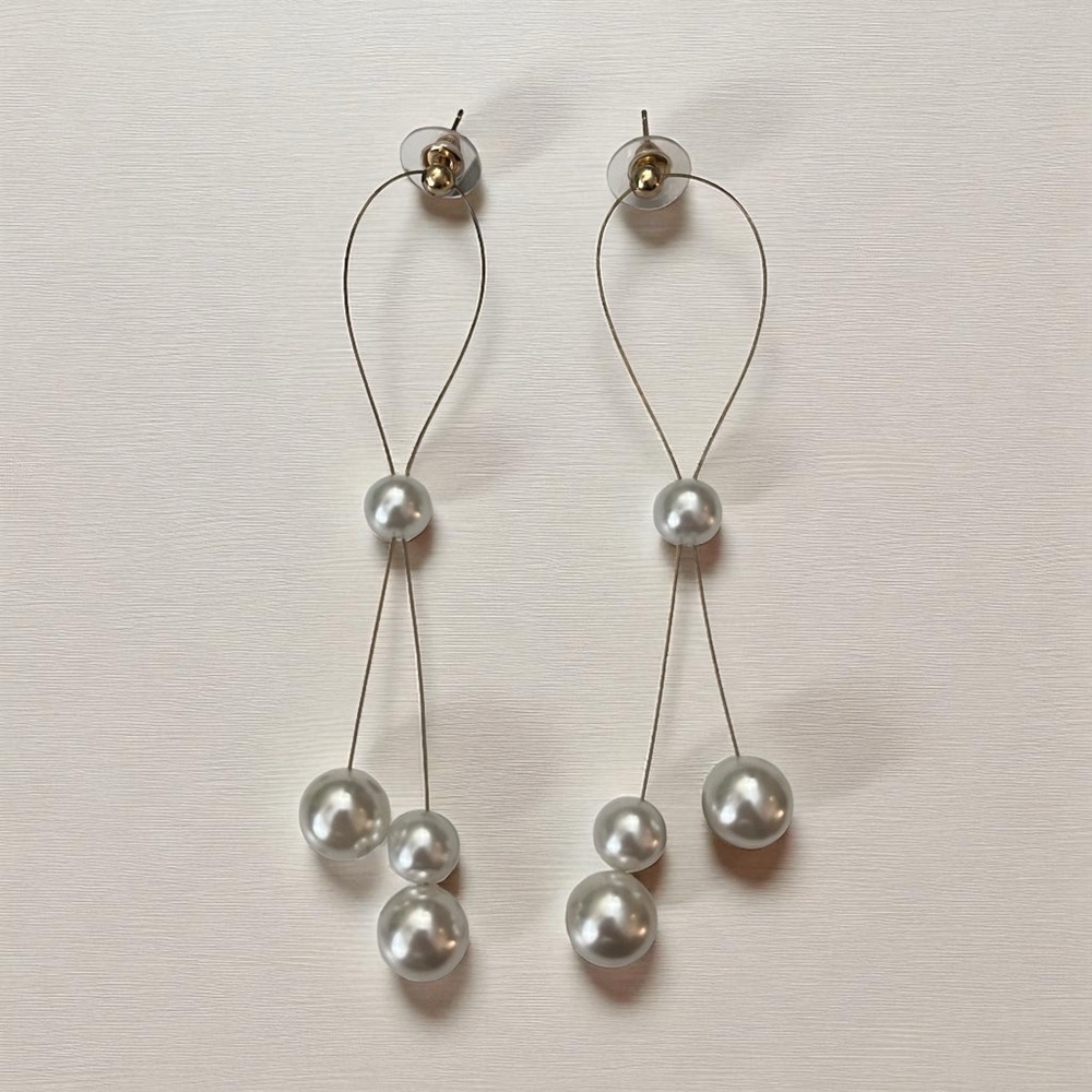 Extra Long Faux Pearl Drop Earrings Modern Statement Elegant Evening Jewelry